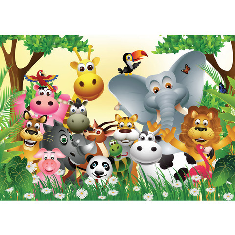 Vlies Fototapete no. 13 | Jungle Animals Party Kindertapete Tapete Kinderzimmer Dschungel Zoo Tiere Giraffe Lwe Affe bunt