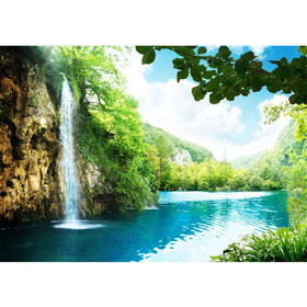 Fototapete Wasserfall Lagune Paradies Berge See Wald...