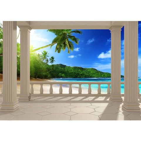 Vlies Fototapete no. 121 | Terrace View Caribbean Beach Meer Tapete Ausblick Terrasse Seeblick 3D Strand Sonne Palmen blau