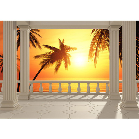 Vlies Fototapete no. 123 | Terrace View Romantic Sunset Meer Tapete Sonnenaufgang Strand Beach Palmen Terrasse orange