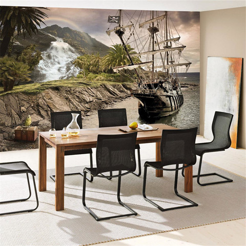 Fototapete Segel Schiff Palme Wasserfall Meer Berg Papagei� no. 562