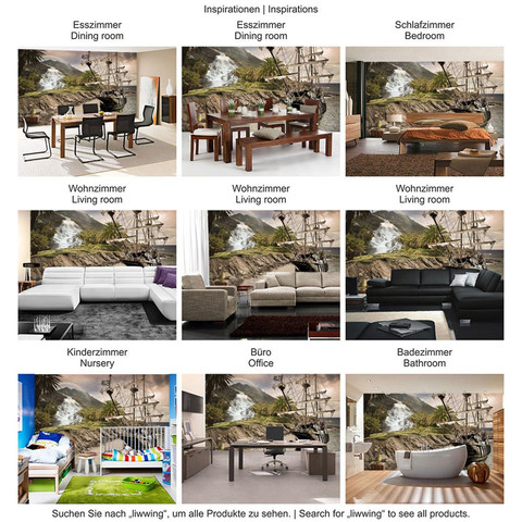 Fototapete Segel Schiff Palme Wasserfall Meer Berg Papagei� no. 562