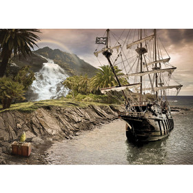 Fototapete Segel Schiff Palme Wasserfall Meer Berg...