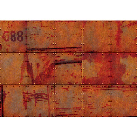 Vlies Fototapete no. 826 | 3D Tapete Abstrakt Wand Platten Zahlen Rost Nieten Design 3D rot