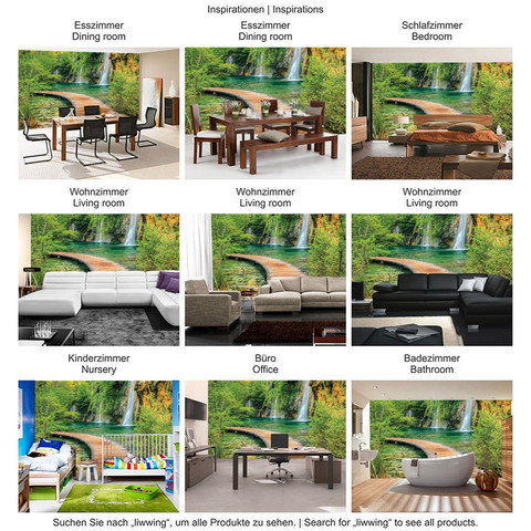 Fototapete Wasserfall Steg Weg See B�ume Felsen Gras� no. 2387